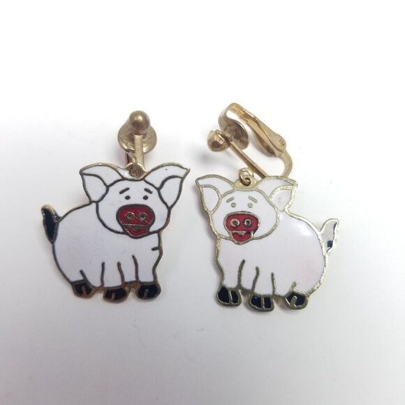 Vintage Pig Dangle Clip On Earrings, White Enamel, Cute Farm Animal - Picture 6 of 6